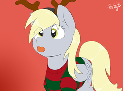 Size: 1280x948 | Tagged: safe, artist:flufgun, derpy hooves, pegasus, pony, g4, christmas sweater, clothes, female, festive, mare, reindeer antlers, solo, tongue out