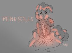 Size: 1280x948 | Tagged: dead source, safe, artist:flufgun, pinkie pie, g4, :o, armor, bonfire, crossover, dark souls, female, fire, looking at you, ponk, sitting, solo, sword, weapon, wide eyes