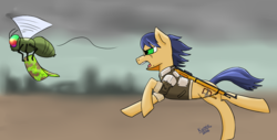 Size: 1158x586 | Tagged: safe, artist:overkenzie, oc, oc only, oc:waak, fly, insect, pony, fallout equestria, angry, camouflage, chase, gun, hat, male, rifle, stallion, stealing, weapon