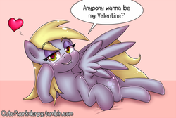 Size: 1000x671 | Tagged: safe, artist:outofworkderpy, derpy hooves, pegasus, pony, g4, adorasexy, bedroom eyes, blushing, cute, derpabetes, female, heart, heart eyes, hearts and hooves day, lip bite, looking at you, mare, prone, sexy, solo, sultry pose, underp, valentine, valentine's day, wingboner, wingding eyes