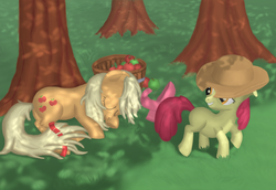 Size: 3828x2627 | Tagged: safe, artist:morevespenegas, apple bloom, applejack, earth pony, pony, g4, accessory theft, apple, applejack's hat, cowboy hat, duo, female, filly, foal, food, grass, hat, loose hair, mare, shadow, siblings, sisters, sleeping, tree