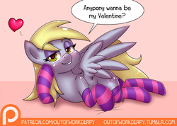 Size: 1000x712 | Tagged: safe, artist:outofworkderpy, derpy hooves, pegasus, pony, adorasexy, blushing, clothes, cute, derpabetes, draw me like one of your french girls, female, heart, heart eyes, hearts and hooves day, lip bite, looking at you, mare, patreon, patreon logo, prone, sexy, socks, solo, striped socks, sultry pose, valentine, valentine's day, wingboner, wingding eyes