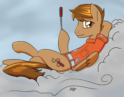 Size: 3886x3063 | Tagged: safe, artist:overkenzie, oc, oc only, oc:pacer, pegasus, pony, balancing, belt, cloud, high res, male, oil, screwdriver, stain, stallion