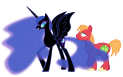 Size: 10240x6400 | Tagged: safe, artist:emu34b, big macintosh, nightmare moon, alicorn, earth pony, pony, g4, absurd resolution, bedroom eyes, bigmoon, blushing, male, not sure if want, seduction, sharp teeth, show accurate, simple background, stallion, tail seduce, transparent background, unshorn fetlocks