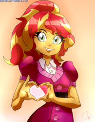 Size: 1641x2100 | Tagged: safe, artist:manic-the-lad, sunset shimmer, equestria girls, g4, a dash of everything, alternate hairstyle, cute, female, heart hands, hearts and hooves day, shimmerbetes, solo, valentine's day