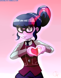 Size: 1641x2100 | Tagged: safe, artist:manic-the-lad, sci-twi, twilight sparkle, human, equestria girls, g4, a dash of everything, blushing, clothes, crystal prep academy uniform, cute, female, heart hands, hearts and hooves day, looking at you, school uniform, solo, twiabetes, valentine's day