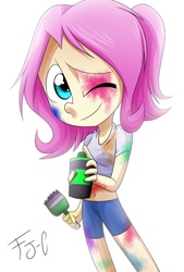 Size: 735x1087 | Tagged: safe, artist:fj-c, fluttershy, equestria girls, g4, belly button, clothes, female, midriff, paint, shirt, short shirt, shorts, simple background, solo, spray can