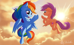 Size: 3400x2100 | Tagged: safe, artist:nobody47, rainbow dash, scootaloo, g4, cloud, cutie mark, female, flying, high res, lens flare, scootaloo can fly, scootalove, siblings, sisters, sunset, the cmc's cutie marks
