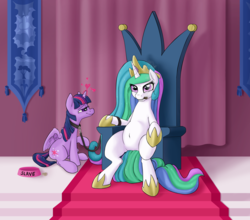 Size: 5309x4678 | Tagged: safe, artist:coinpo, princess celestia, twilight sparkle, alicorn, pony, g4, absurd resolution, belly, belly button, cigar, collar, evil, female, hoof shoes, leash, lesbian, lust, pet, pet bowl, pet play, pettwi, ship:twilestia, shipping, sinister, slave, smoking, throne, twilight sparkle (alicorn), tyrant celestia