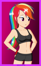 Size: 1688x2670 | Tagged: safe, artist:rexpony, rainbow dash, equestria girls, g4, armpits, belly button, clothes, female, fingerless gloves, gloves, humanized, midriff, multicolored hair, rainbow hair, shorts, solo, sports bra