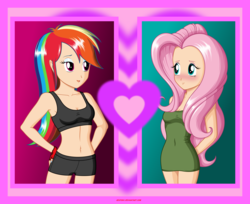 Size: 2455x2000 | Tagged: safe, artist:rexpony, fluttershy, rainbow dash, equestria girls, g4, armpits, belly button, clothes, dress, female, fingerless gloves, gloves, heart, high res, humanized, lesbian, midriff, ship:flutterdash, shipping, shorts, sports bra