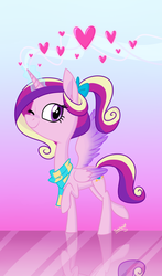 Size: 935x1591 | Tagged: safe, artist:flourret, princess cadance, alicorn, pony, g4, clothes, cute, cutedance, female, glowing horn, heart, horn, missing accessory, one eye closed, raised hoof, raised leg, reflection, scarf, signature, smiling, solo, standing, teen princess cadance, wink