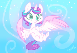 Size: 1024x709 | Tagged: safe, artist:flourret, princess flurry heart, alicorn, pony, g4, season 6, abstract background, cute, female, filly, signature, smiling, solo, sparkles, spread wings, wings