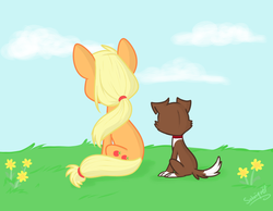 Size: 900x700 | Tagged: safe, artist:flourret, applejack, winona, dog, earth pony, pony, g4, alternate hairstyle, day, female, grass, hatless, mare, missing accessory, outdoors, ponytail, rear view, relaxing, signature, sitting, sky