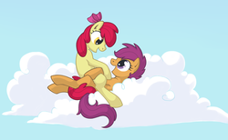 Size: 2478x1525 | Tagged: safe, artist:tenchi-outsuno, apple bloom, scootaloo, earth pony, pegasus, pony, g4, cloud, duo, female, lesbian, lying down, lying on a cloud, older, on a cloud, on back, ship:scootabloom, shipping, sitting on person, sitting on pony, sky