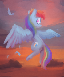 Size: 3000x3600 | Tagged: safe, artist:lilfunkman, rainbow dash, g4, colored pupils, dock, feather, female, flying, high res, looking back, solo, spread wings, underhoof