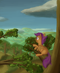 Size: 4000x4902 | Tagged: safe, artist:morevespenegas, scootaloo, pegasus, pony, g4, absurd resolution, female, hill, in a tree, lying down, prone, sky, solo, tree