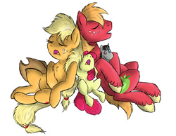 Size: 900x700 | Tagged: safe, artist:shimazun, apple bloom, applejack, big macintosh, smarty pants, earth pony, pony, g4, apple siblings, dirty, hatless, male, missing accessory, simple background, sleeping, stallion