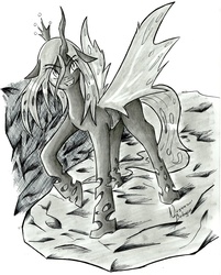 Size: 2260x2812 | Tagged: safe, artist:nayaasebeleguii, queen chrysalis, changeling, changeling queen, g4, female, monochrome, solo, traditional art