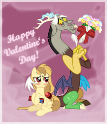 Size: 4776x5541 | Tagged: safe, artist:estories, discord, oc, oc:alice goldenfeather, g4, absurd resolution, blushing, bouquet, canon x oc, shipping, valentine's day