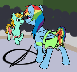 Size: 954x891 | Tagged: safe, artist:thebathwaterhero, lightning dust, rainbow dash, g4, clothes, equestrian surrender, shorts, tongue out, wrestling