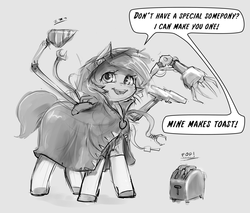Size: 1280x1090 | Tagged: safe, artist:mod-of-chaos, oc, oc only, oc:little beam, earth pony, pony, adeptus mechanicus, bread, claw, cloak, clothes, crossover, cute, drill, food, lidded eyes, monochrome, open mouth, sketch, smiling, techpriest, toast, toaster, valentine, warhammer (game), warhammer 40k