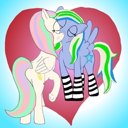 Size: 3600x3600 | Tagged: safe, artist:ta0', oc, oc only, oc:aurora dawn, oc:breezy star, clothes, female, heart, high res, lesbian, oc x oc, shipping, socks, striped socks