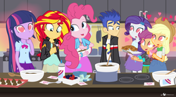 Size: 1360x750 | Tagged: safe, artist:dm29, applejack, flash sentry, pinkie pie, rarity, scootaloo, sunset shimmer, twilight sparkle, equestria girls, g4, chocolates, flash sentry gets all the mares, harem, kitchen, love potion, mind control, this will end in jail time, this will end in tears, twilight sparkle (alicorn), valentine's day