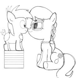 Size: 1501x1536 | Tagged: source needed, safe, artist:pepsi twist, pipsqueak, silver spoon, earth pony, pony, g4, boop, colt, duo, female, filly, foal, male, monochrome, shipping, silversqueak, straight, traditional art