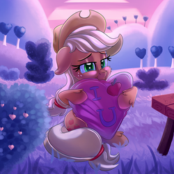 Size: 2000x2000 | Tagged: safe, artist:discorded, applejack, earth pony, pony, g4, female, freckles, hat, heart, hearts and hooves day, high res, mare, solo, valentine's day