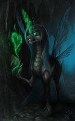 Size: 1860x2976 | Tagged: safe, artist:bluespaceling, queen chrysalis, changeling, changeling queen, g4, cave, crown, fangs, female, glowing, glowing horn, grin, heart, horn, insect wings, jewelry, magic, raised hoof, regalia, sharp teeth, solo, transparent wings, wings