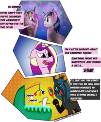 Size: 1000x1200 | Tagged: dead source, safe, artist:sneshpone, princess cadance, princess flurry heart, queen chrysalis, shining armor, alicorn, changeling, pony, unicorn, g4, season 6, "responsible father" armor, 666, babysitting, candy, comic, food, lollipop, shining armor is a goddamn moron