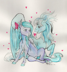 Size: 1024x1099 | Tagged: safe, artist:sagastuff94, cloudchaser, flitter, horse, g4, female, heart, incest, lesbian, mouth hold, ship:pegacest, shipping, traditional art, unshorn fetlocks, valentine, valentine's day card