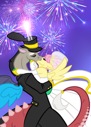 Size: 1024x1426 | Tagged: safe, artist:alexdealey, discord, fluttershy, semi-anthro, g4, clothes, dress, female, fireworks, male, marriage, ship:discoshy, shipping, straight, wedding, wedding dress