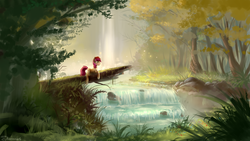 Size: 1920x1080 | Tagged: dead source, safe, artist:shamanguli, roseluck, pony, g4, female, flower, forest, grass, log, river, rock, scenery, scenery porn, solo, stream, tree, waterfall
