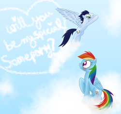 Size: 1024x964 | Tagged: safe, artist:northlights8, rainbow dash, soarin', pony, g4, blushing, cloud, female, male, ship:soarindash, shipping, straight, valentine's day