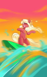 Size: 1024x1650 | Tagged: safe, artist:twintailwind, oc, oc only, oc:leinani, pony, bipedal, ocean, solo, surfboard, surfing, wave