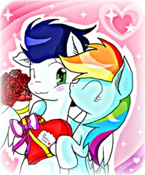 Size: 944x1136 | Tagged: safe, artist:shapeshifter-fire, rainbow dash, soarin', pony, g4, blushing, female, flower, heart, kissing, male, rose, ship:soarindash, shipping, straight, valentine's day