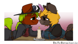 Size: 1280x731 | Tagged: safe, artist:bbsartboutique, oc, oc only, oc:doc redford, oc:empyrean, pony, unicorn, fallout equestria, candle, clothes, crystal, cute, daaaaaaaaaaaw, diablo canyon, dinner, fallout, feather, hat, hearts and hooves day, necktie, nuzzling, ponytail, valentine's day