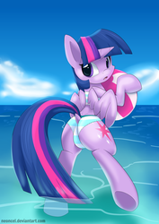 Size: 1024x1448 | Tagged: safe, artist:neoncel, twilight sparkle, alicorn, pony, g4, adorasexy, back, backwards cutie mark, beach, beach ball, bikini, bipedal, butt, clothes, cute, dock, female, looking back, mare, ocean, plot, sexy, solo, summer, swimming, swimsuit, twiabetes, twibutt, twilight sparkle (alicorn), water