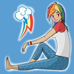 Size: 2380x2360 | Tagged: artist needed, safe, rainbow dash, human, g4, barefoot, clothes, feet, female, high res, humanized, pajamas, solo