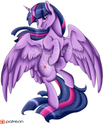 Size: 1024x1215 | Tagged: safe, artist:crecious, twilight sparkle, alicorn, pony, g4, female, flying, mare, patreon, patreon logo, simple background, solo, transparent background, twilight sparkle (alicorn), watermark