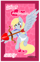Size: 2000x3089 | Tagged: safe, artist:xwhitedreamsx, derpy hooves, pegasus, pony, g4, bow (weapon), card, cupid, diaper, female, flying, high res, holiday, mare, solo, tongue out, valentine, valentine's day, valentine's day card
