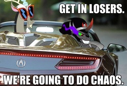 Size: 578x392 | Tagged: safe, discord, king sombra, g4, car, get in loser, image macro, mean girls, meme