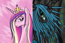 Size: 1280x854 | Tagged: safe, artist:thegr8mc, princess cadance, queen chrysalis, alicorn, changeling, changeling queen, pony, g4, female