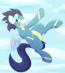 Size: 2928x3247 | Tagged: safe, artist:sidekick, soarin', pegasus, pony, g4, flying, goggles, happy, high res, male, solo, stallion, wonderbolts uniform