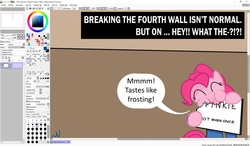 Size: 1280x747 | Tagged: safe, artist:nuka-kitty, pinkie pie, g4, breaking the fourth wall, calibri, clothes, crossover, drugs, fallout, fourth wall, funny, jumpsuit, microsoft windows, nom, not even once, paint tool sai, vault suit, windows 10