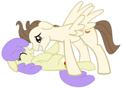 Size: 891x649 | Tagged: safe, artist:obriannakenobi, cream puff, pound cake, earth pony, pegasus, pony, g4, bedroom eyes, eyes closed, female, imminent sex, male, older, older cream puff, older pound cake, ship:creamcake, shipping, smiling, spread wings, straight, wingboner