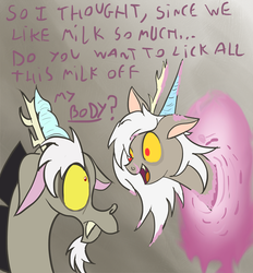 Size: 650x700 | Tagged: artist needed, safe, discord, draconequus, g4, eris, eriscord, implied licking, rule 63, self draconidox, self ponidox, selfcest, shipping, strawberry milk, wide eyes