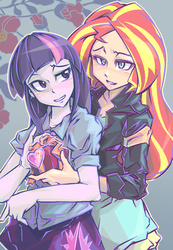 Size: 700x1012 | Tagged: safe, artist:tyuubatu, sunset shimmer, twilight sparkle, equestria girls, g4, duo, female, heart, lesbian, present, ship:sunsetsparkle, shipping, valentine's day